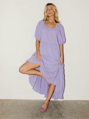 Zoco Daymaker Puff Sleeve Tiered Maxi Dress | Lavender Purple | Size Medium